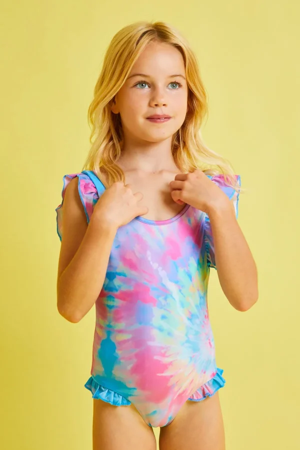 Cheap Spiral Tie Dye Ruffle Swimsuit Girls Swimwear